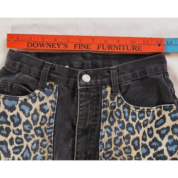 VTg 80s Fredericks of Hollywood Blue leopard Black Denim High Rise Jeans Sz 3 US - Picture 2 of 12